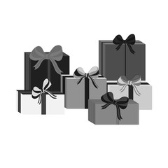 Set of different gray wrapped gift boxes. Flat design. Beautiful present with bow. Symbol and icon for Christmas gift box. Isolated vector illustration.