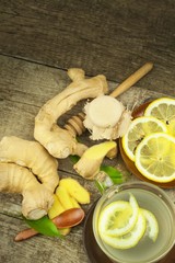 Homemade ginger tea with lemon. Treatment of influenza and colds. Traditional folk medicine.