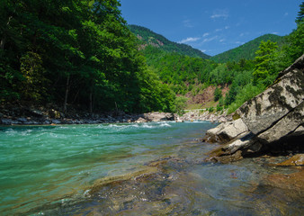 Fototapeta na wymiar Panorama of beautiful White river in caucasian mountains in Adygea, Russia 23 Region Krasnodar