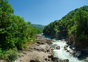 Panorama of beautiful White river in caucasian mountains in Adygea, Russia 23 Region Krasnodar