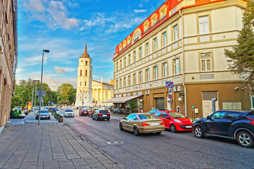 Street and Bell Tower on Cathedral Square of Vilnius
