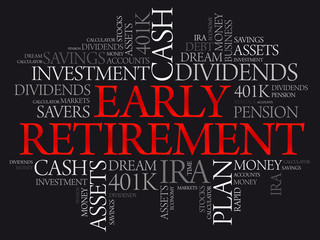 Early Retirement word cloud collage with great terms such as investments, budget, finance business concept background