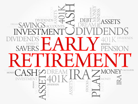 Early Retirement word cloud collage with great terms such as investments, budget, finance business concept background