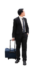 Confident Asian Businessman standing with travel luggage and looking away on white background for vision concept