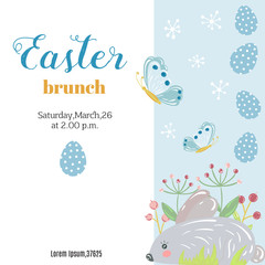Easter background or banner. Flyer, template with easter bunny,flowers,eggs.Vector illustration.