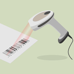 White handheld barcode scanner scanning bar code in flat design © Shanvood