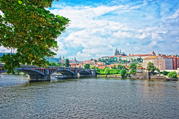Jirasek Bridge over Vltava River and Old Town in Prague