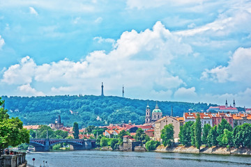 Jirasek Bridge over Vltava River and Old Town of Prague