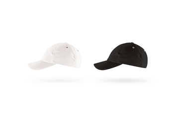Blank black and white baseball cap mockup set, profile side view. Clear snap back mock up,...