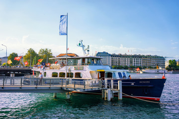 Steamboat in Geneva Lake at pier in summer Switzerland