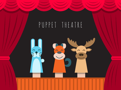 Childrens performance in the puppet theater at the theater with price, curtain and scenery.