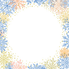 Winter vector colorful frame with arabesques and snowflakes. Fine greeting card. Pattern with snowflakes