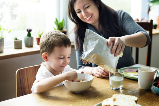 Mom Son Spend Time Holiday Eating Breakfast