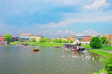 Excursion Ferry at embankment of Visla River Krakow