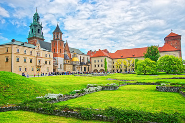 Fototapeta na wymiar People at Wawel Cathedral on hill Krakow Poland