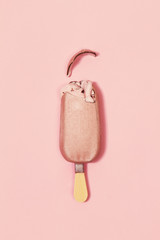 Tasty beautiful pink appetizer ice cream on pink fashion background. Minimalistic Concept. Flat Lay.