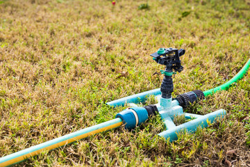 Sprinkler head for spraying water over green grass.