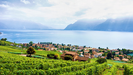 Swiss village near Lavaux Vineyard Terrace hiking trail in Switzerland