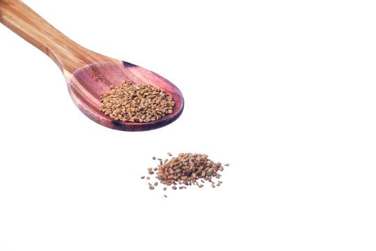 Fenugreek seeds on a brass spoon isolated on a white background.
