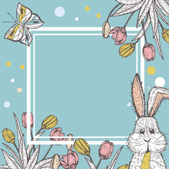 Easter frame or banner. Background template with easter bunny,flowers, butterfly.Vector illustration.