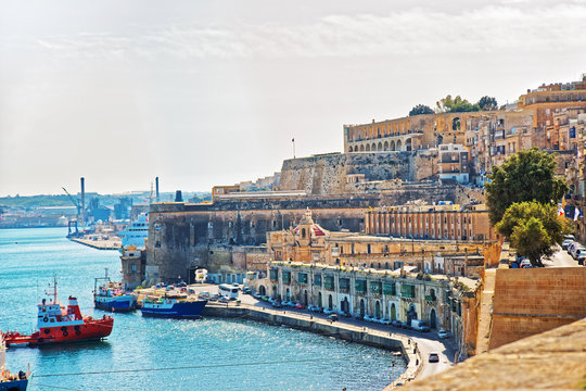 Dry cargo vessels at Valletta waterfront in Grand Harbor