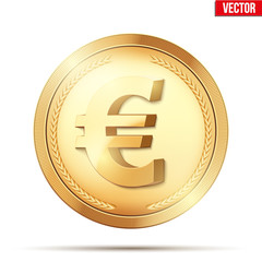 Golden coin with euro sign. Money and finance symbol. Vector Illustration isolated on white background.