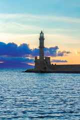 lighthouse of Chania with Aegan sea at sunset, Crete, Greece
