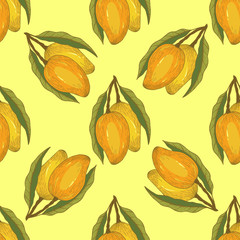 Tropical seamless pattern.Vector mango hand drawn sketch.Tropical background. Vintage style
