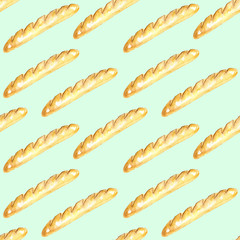 Seamless pattern with French baguettes hand drawn in watercolor on a light green background