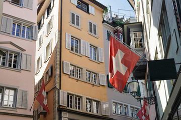 Flags on street in old city of Zurich
