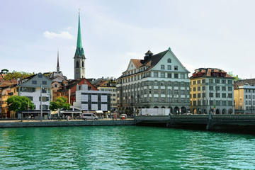 Fraumunster Church and Munsterbrucke at Limmat in Zurich