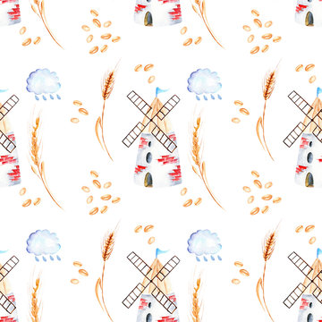 Seamless pattern with windmills, wheat spikelets and grains hand drawn in watercolor on a white background