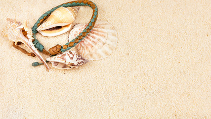 Fototapeta na wymiar Sea shells and coloured wristbandon on sandy beach