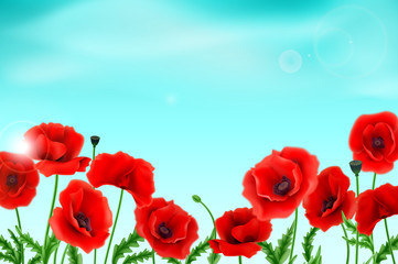 Obraz premium Greeting card with poppies can be used as invitation card for wedding, birthday and other holiday and summer background. Vector illustration.
