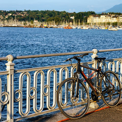 Fototapeta premium Bicycle at Promenade of Quai Fleuri at Geneva Lake Switzerland
