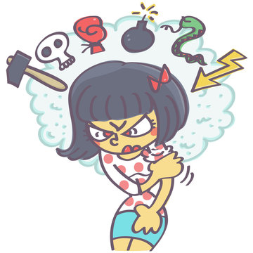 Funny vector cartoon of mad girl ready to fight with curses icons above her head