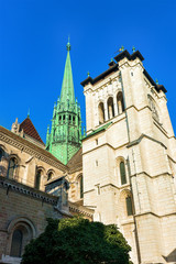 Fototapeta na wymiar Spire of St Pierre Cathedral in old town Geneva