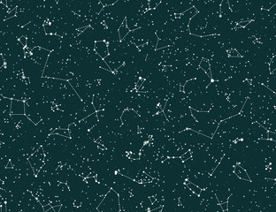 Vector seamless pattern with constellations on green chalkboard background. Astronomy scientific school background © Oksana Kumer