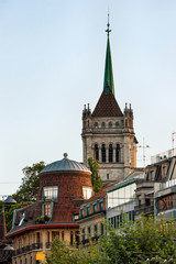Fototapeta na wymiar Street and Tower of St Pierre Cathedral Geneva Switzerland
