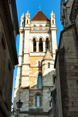 Street and Tower of St Pierre Cathedral in Geneva