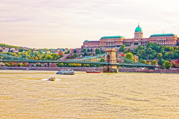Buda Castle and water transport with Chain Bridge in Budapest