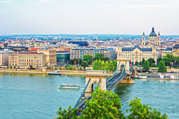 Chain Bridge above Danube Canal and St Stephen Basilica Budapest