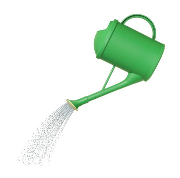 water pours from a watering can on white background