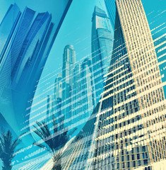 Fototapeta na wymiar Skyscrapers of Dubai digital collage in blue marine color scheme