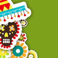 Template cards for the Mexican holiday. Vector illustration with skull and flowers.