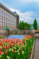 Golem monument and Kronthal fountain at Marcinkowski Avenue of Poznan - obrazy, fototapety, plakaty