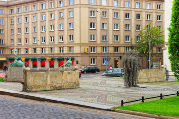 Golem monument and Kronthal fountain on Marcinkowski Avenue of Poznan - obrazy, fototapety, plakaty