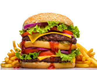 Hamburger with fried potatoes on a white background.