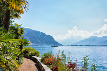 Nature with ship on Geneva Lake in Montreux, Switzerland - obrazy, fototapety, plakaty