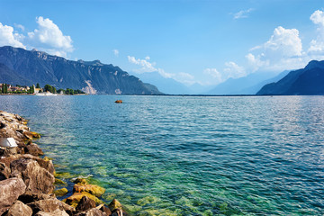 Riviera with Alps mountains and Geneva Lake in Vevey